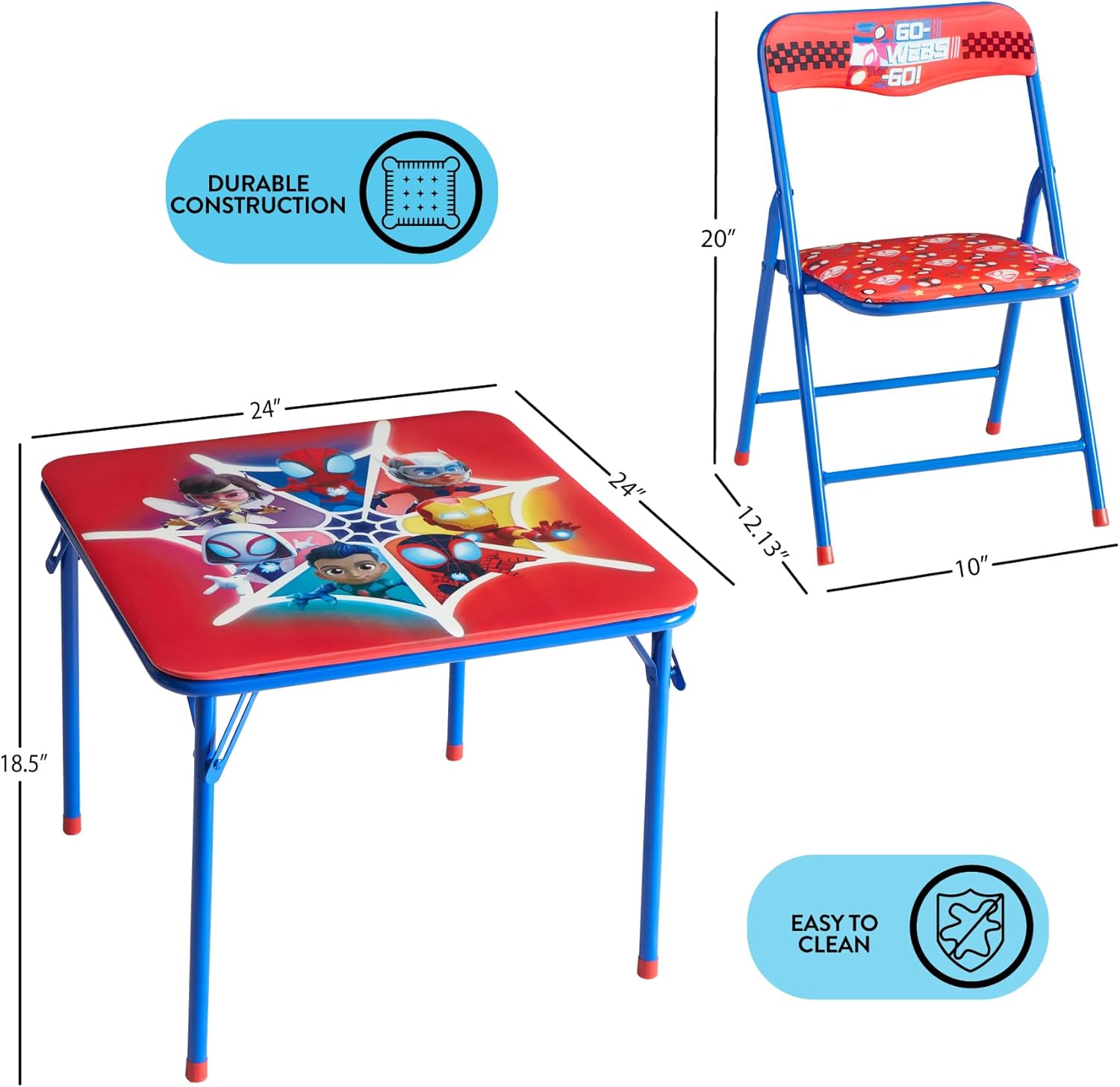 Marvel Spidey and His Amazing Friends Kids Activity Table and Chair Set,3 Piece Set with Square Table & 2 Folding Chairs, Furniture for Ages 3+, Indoor Play & Learning