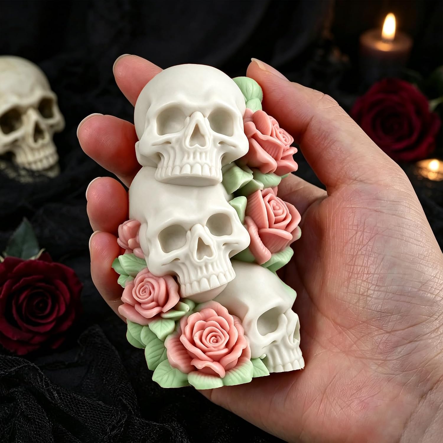 Halloween Candle Mold, 3 Layer Columnar Rose Skull Candle Mold