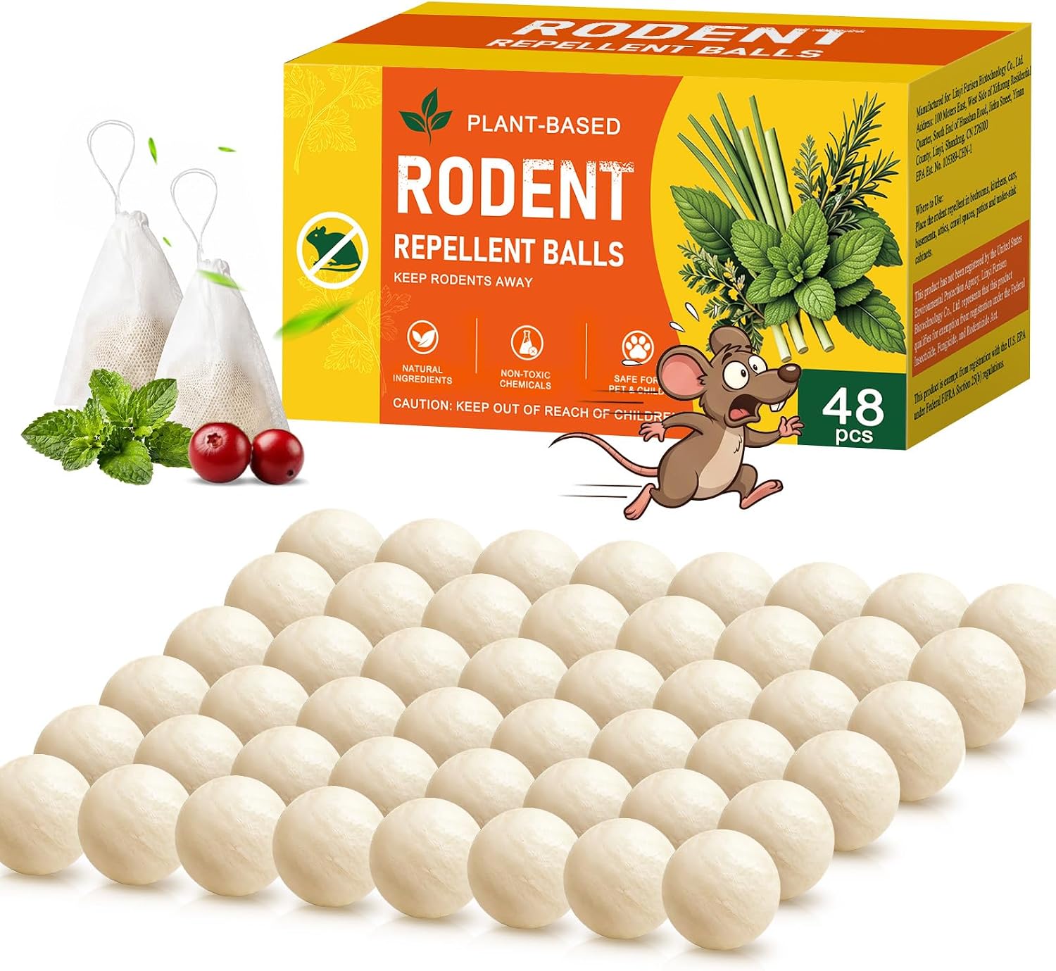48 Packs Mouse Repellent Balls, Peppermint Oil Rodent Repellent for Mice, Rats, Squirrels, Spiders, Roaches & Ants, Indoor & Outdoor Natural Moth Balls for Rodent Control for Home, Garden