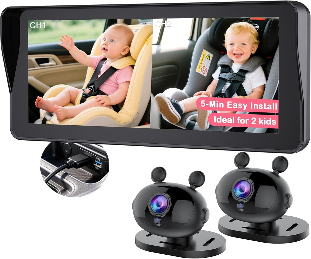 Dual Baby Car Camera HD 1080P: 6.9" Split-Screen Monitor for 2 Kids & Twins