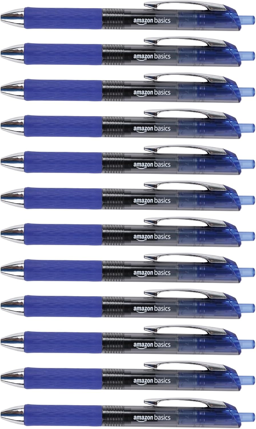 Amazon Basics Retractable Gel Pens, Fine Point 0.7mm, Smooth Writing, No-Smear Ink, Blue, 12-Pack