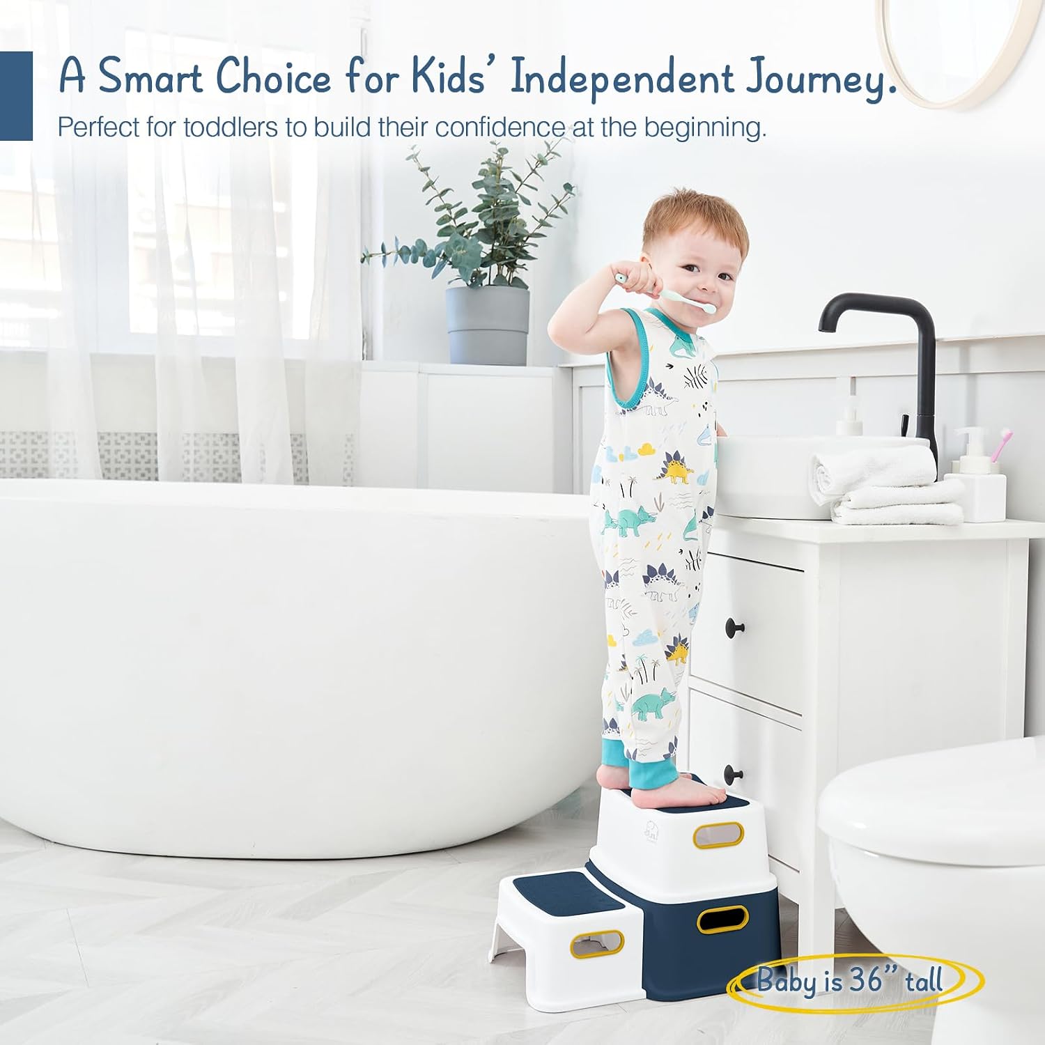 Blue&Yellow Toddler Boy Step Stool for Bathroom Sink, Toilet Stool for Kids