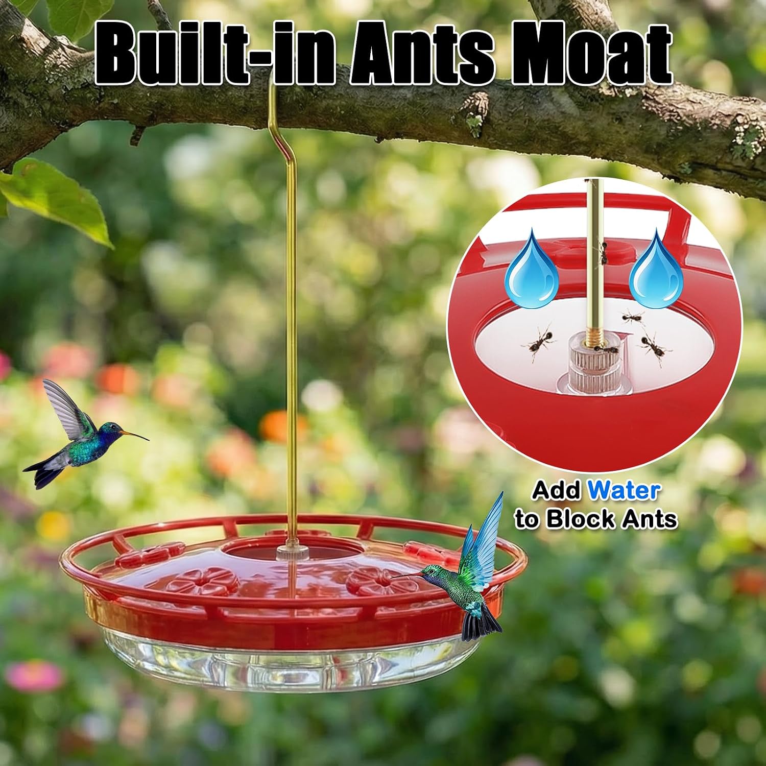 FEED GARDEN Saucer Hummingbird Feeders for Outdoors Hanging, 2 Pack 16oz Leak-Proof Nectar Feeder with Bee Guards Built-in Ant Moat, 5 Feeding Ports, Wide Mouth Easy Refill & Clean, BPA-Free,Red