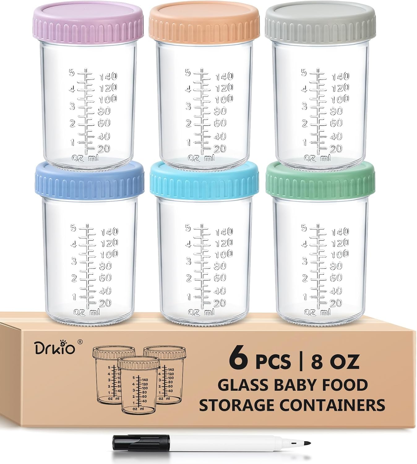 DRKIO 6 pcs Baby Food Storage Containers 8 Oz Small Glass Jars with Lids