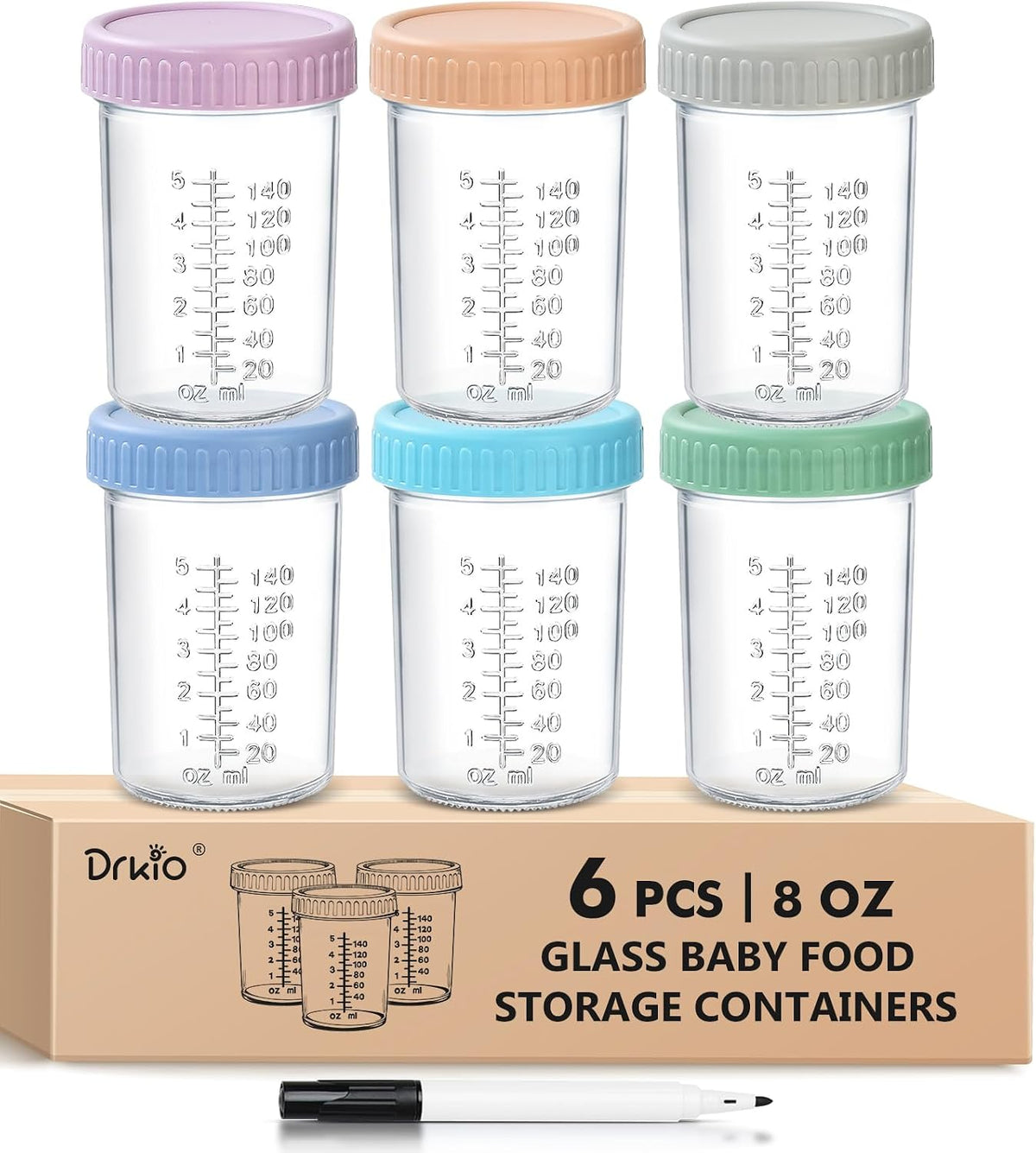 DRKIO 6 pcs Baby Food Storage Containers 8 Oz Small Glass Jars with Lids