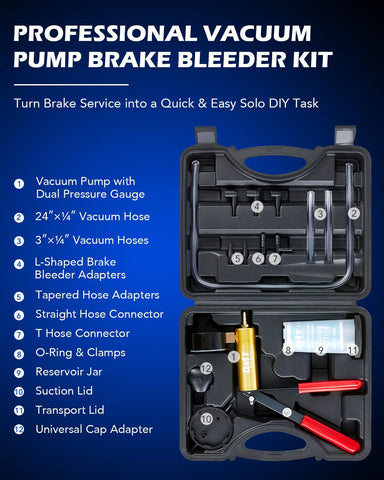OMT One-Man Brake Bleeding Kit with Hand Vacuum Pump and Dial Gauge, Black