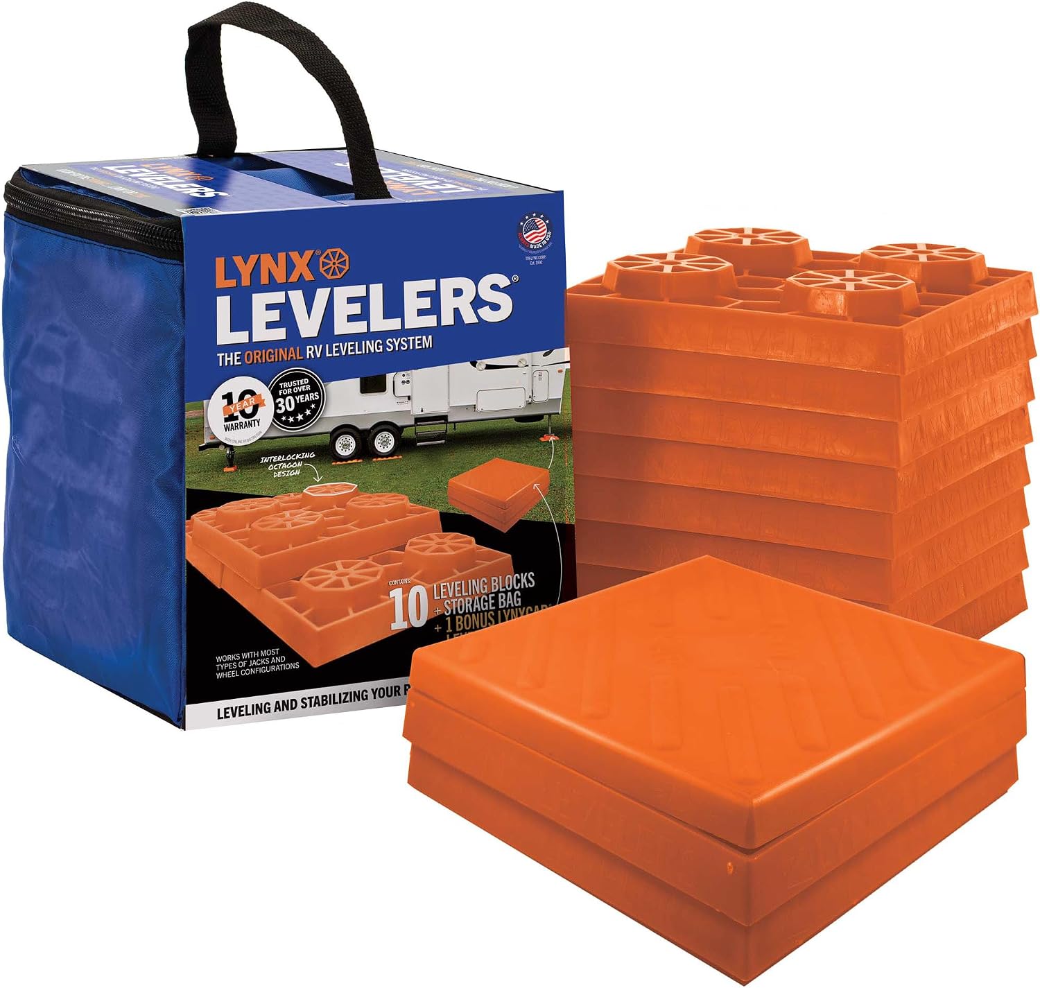 Lynx Levelers 11 Pack Including 1 Lynx Cap Level Top for RV/Trailer/Motorhome/Vanlife Interlocking Leveling Blocks with Storage Bag for Most Leveling and Stabilizing Functions. 00015, Made in USA.