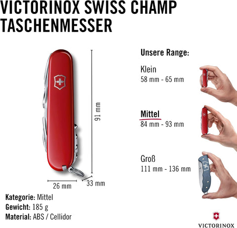 Victorinox Swiss Champ Swiss Army Knife, 33 Functions, Swiss Made Pocket Knife with Large Blade, Screwdriver, Chisel and Combination Pliers - Red