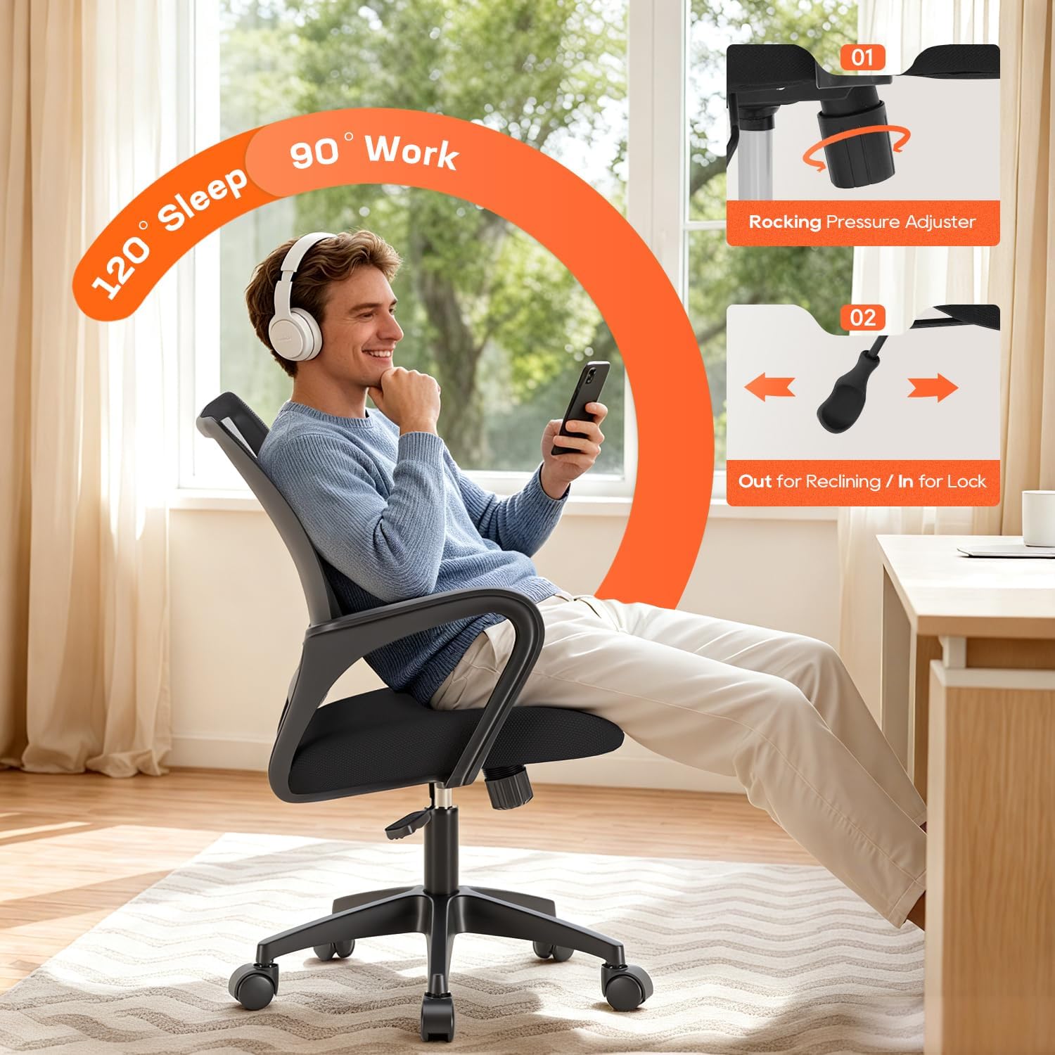 BestOffice Ergonomic Office Chair | Mid-Back Swivel Desk Chair | Dark Black