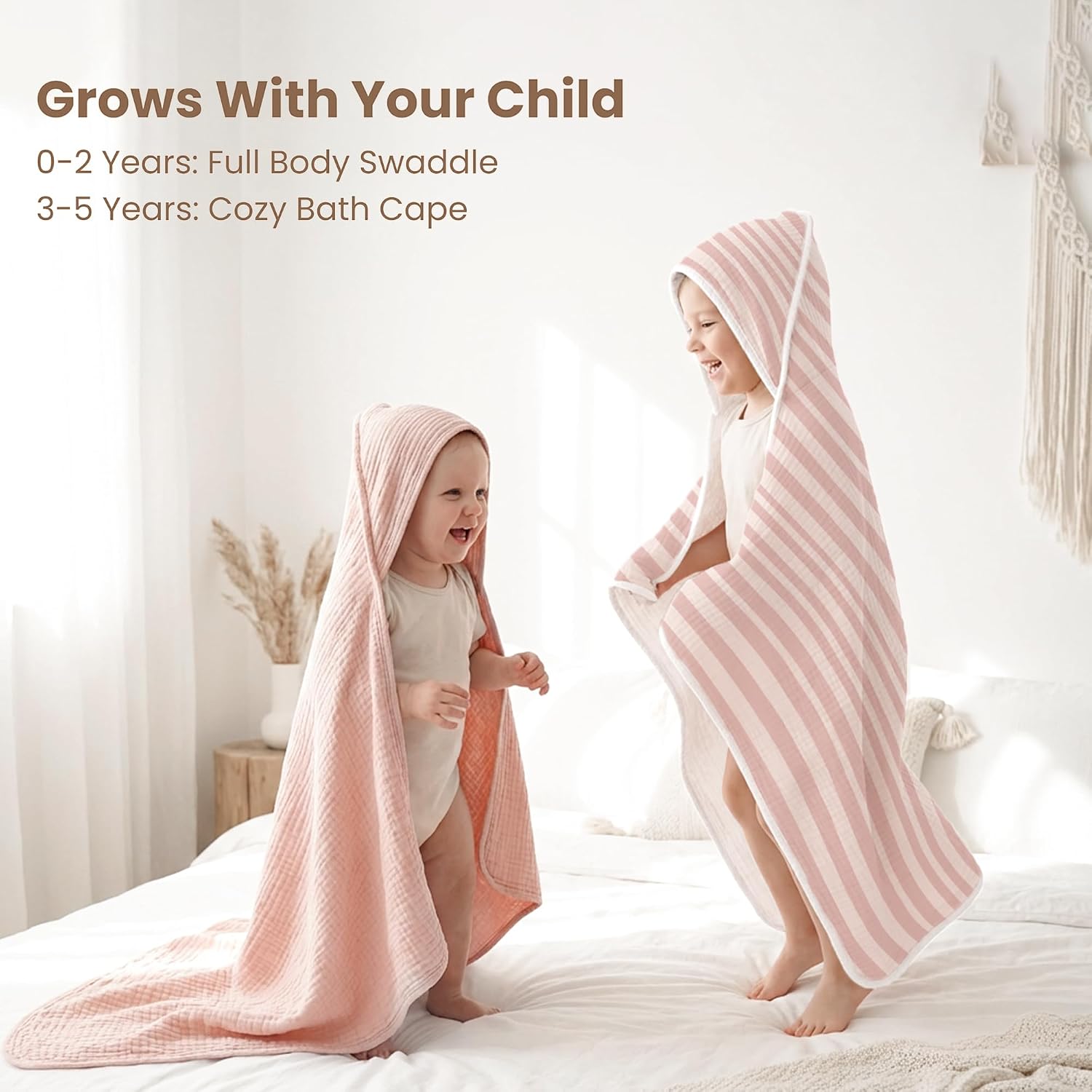 Konssy 2-Pack 100% Muslin Cotton Hooded Baby Bath Towels for Boys and Girls