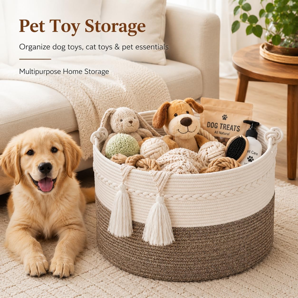 KAKAMAY Large Blanket Basket (20"x13"),Woven Baskets for storage Baby Laundry Hamper, Cotton Rope Blanket Basket for Living Room, Laundry, Nursery, Pillows, Baby Toy chest (White/Beige)