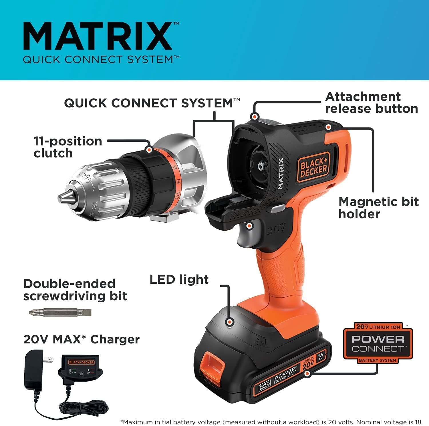 BLACK+DECKER 20V MAX Matrix Quick Connect System, Cordless Lithium Power Drill and Driver, Battery Included (BDCDMT120C)