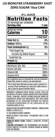 Monster Energy Zero Sugar Strawberry Shot, Green, Original, Free Energy Drink, 16 Ounce Can (Pack of 15)