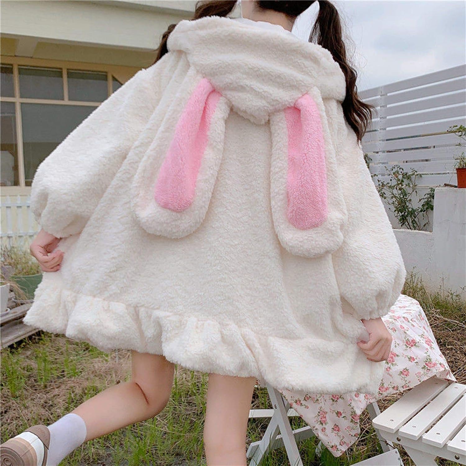 Women Cute Bunny Hoodie Long Sleeve Fuzzy Fluffy Rabbit Sweatshirt