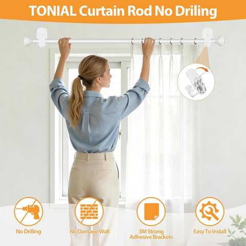 TONIAL Curtain Rods No Drilling for Windows, 16-30 In Adjustable, White