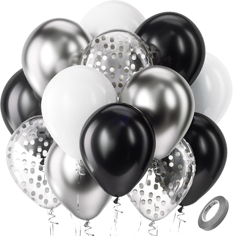 Bezente Black Silver and White Confetti Balloons Set 60pcs 12 inch