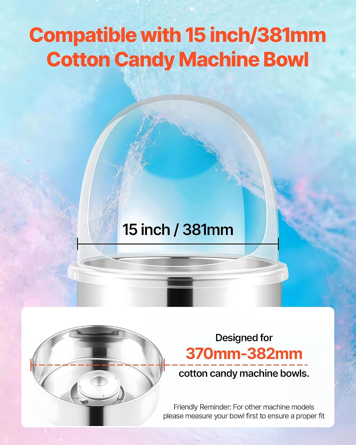 VEVOR 16 Inch Cotton Candy Machine Cover, Transparent Acrylic Dome Bubble Shield Compatible with 15inch Commercial Cotton Candy Floss Maker Bowl for Party, Shops, Bottom Groove Design