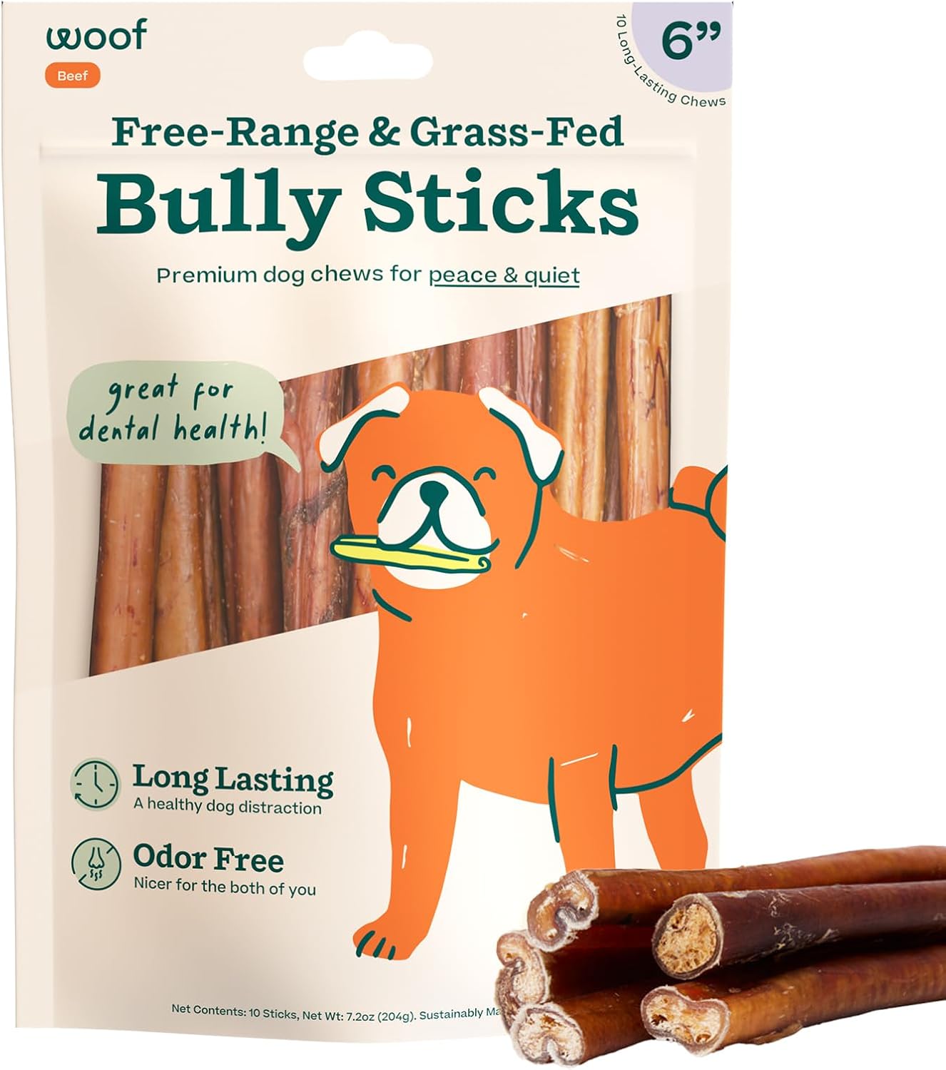 WOOF Bully Sticks Dog Chew Treats, 6 Inch, 10 Count