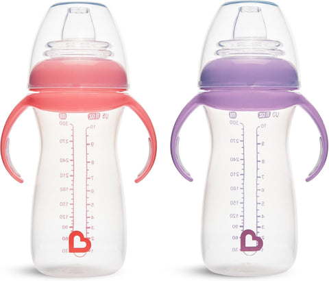 Munchkin Gentle Transition Baby Sippy Cup, Baby's First Sippy - Helps Babies & Toddlers Transitioning from Bottles to Cups, Spill Proof, 9 Months & Up, 10 Ounce, 2 Pack, Pink/Purple