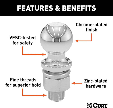 CURT 40004 Chrome Trailer Hitch Ball, 6,000 lbs, 2-Inch Diameter, 1 x 2-1/8-Inch Shank
