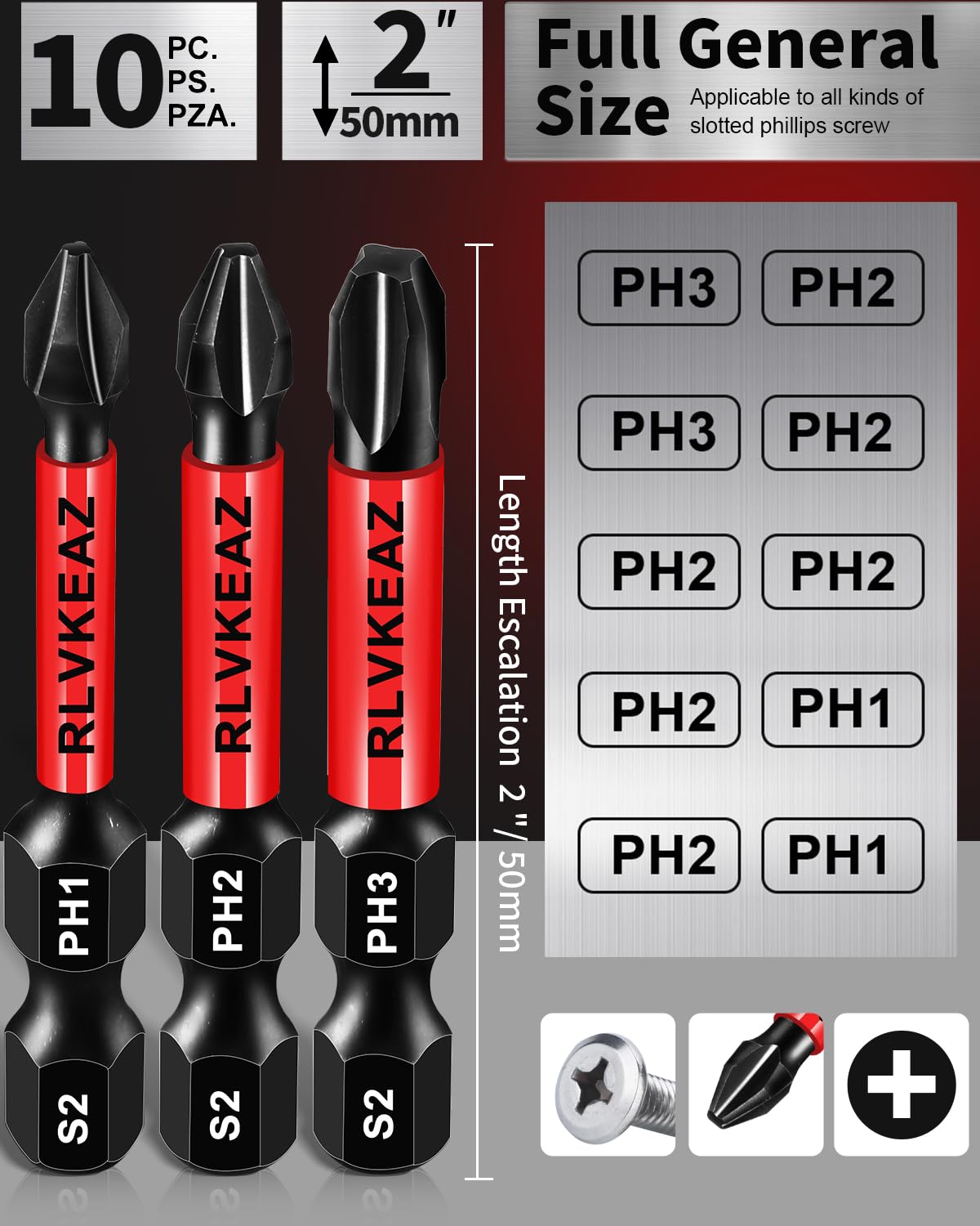 10-Pack Phillips Screwdriver Bits, PH1 PH2 PH3 Magnetic 2-Inch