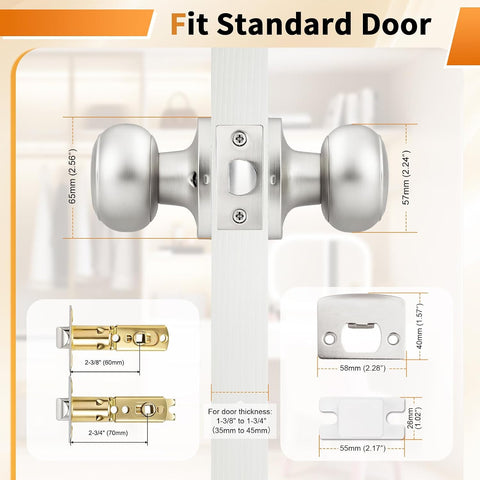 Probrico Interior Closet Door Knob, Brushed Nickel Door Knobs for Interior Doors, Hallway Passage Door Knob with Round Ball Knob, 3 Pack