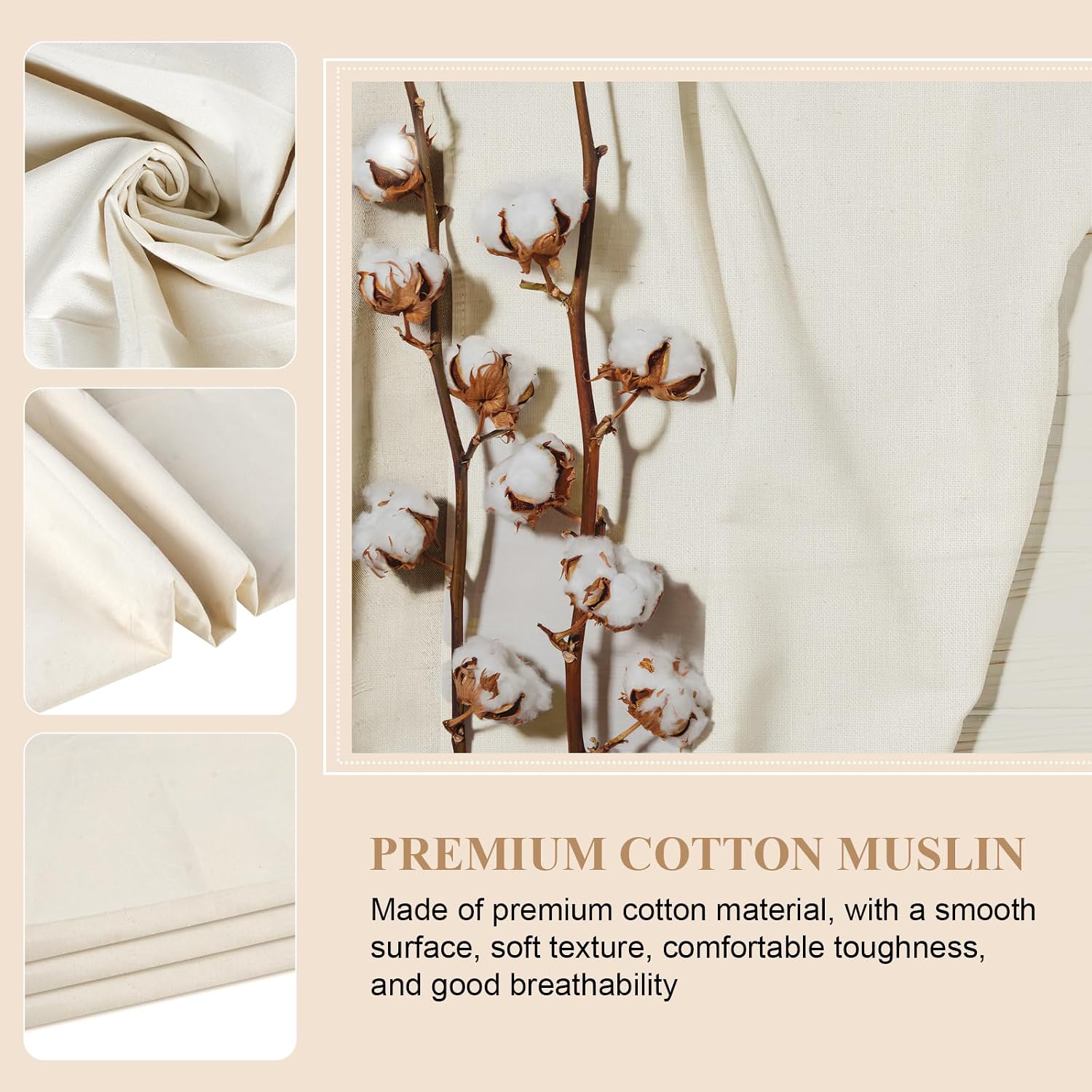 100% Cotton Muslin Fabric, 63 Inch X 5 Yards Unbleached Fabric by The Yard