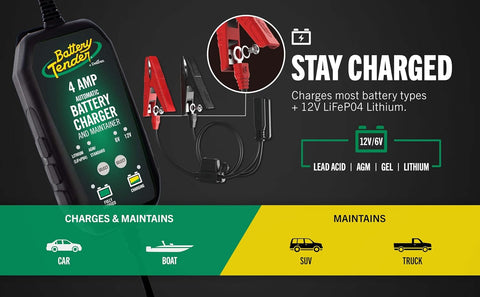 Battery Tender 4 AMP Battery Charger and Maintainer - Automotive Switchable 12V or 6V Smart Automatic for Cars SUVs and Trucks - Lead Acid, AGM, Gel, & Lithium Battery Charger - 022-0209-BT-WH