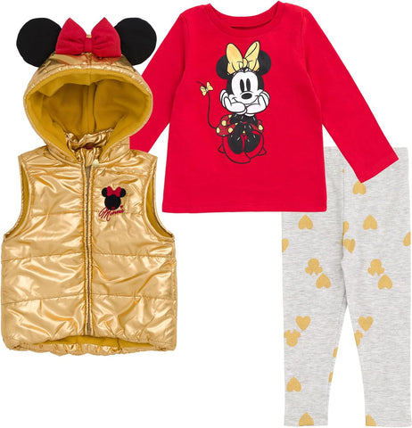 Disney Minnie Mouse Zip Up Vest Puffer T-Shirt and Leggings 3 Piece Outfit Set Infant to Big Kid