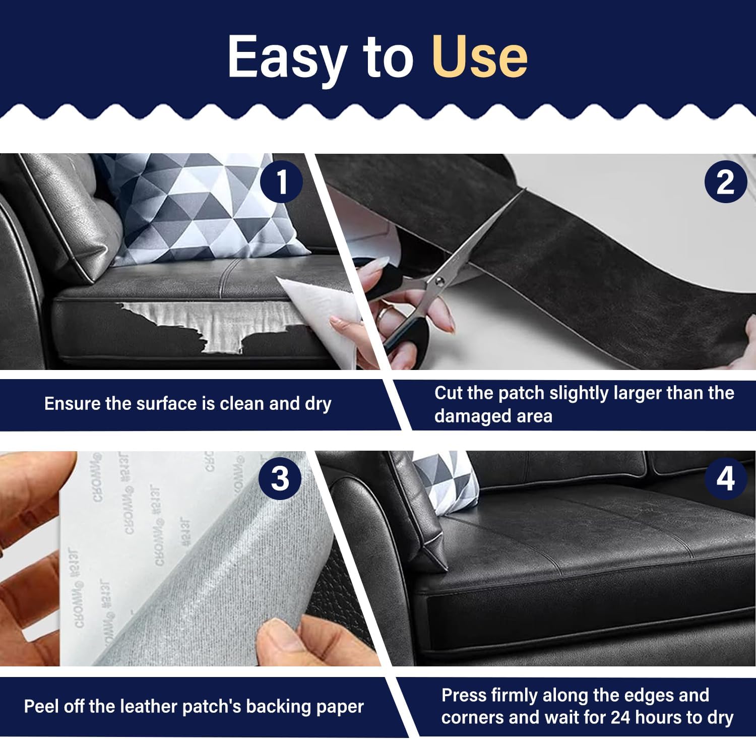 Zenyao Leather Repair Patch Tape - Self Adhesive Leather Repair Kit for Car Seat Furniture, Heavy Duty Vinyl Repair Patch for Couch Sofa, Waterproof for Rips Scratches Tears, 16x60 Inch Roll, Black