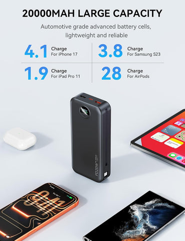 Nusyddy Portable Charger 20000mAh Fast Charging w/Built-in Wall Plug Black