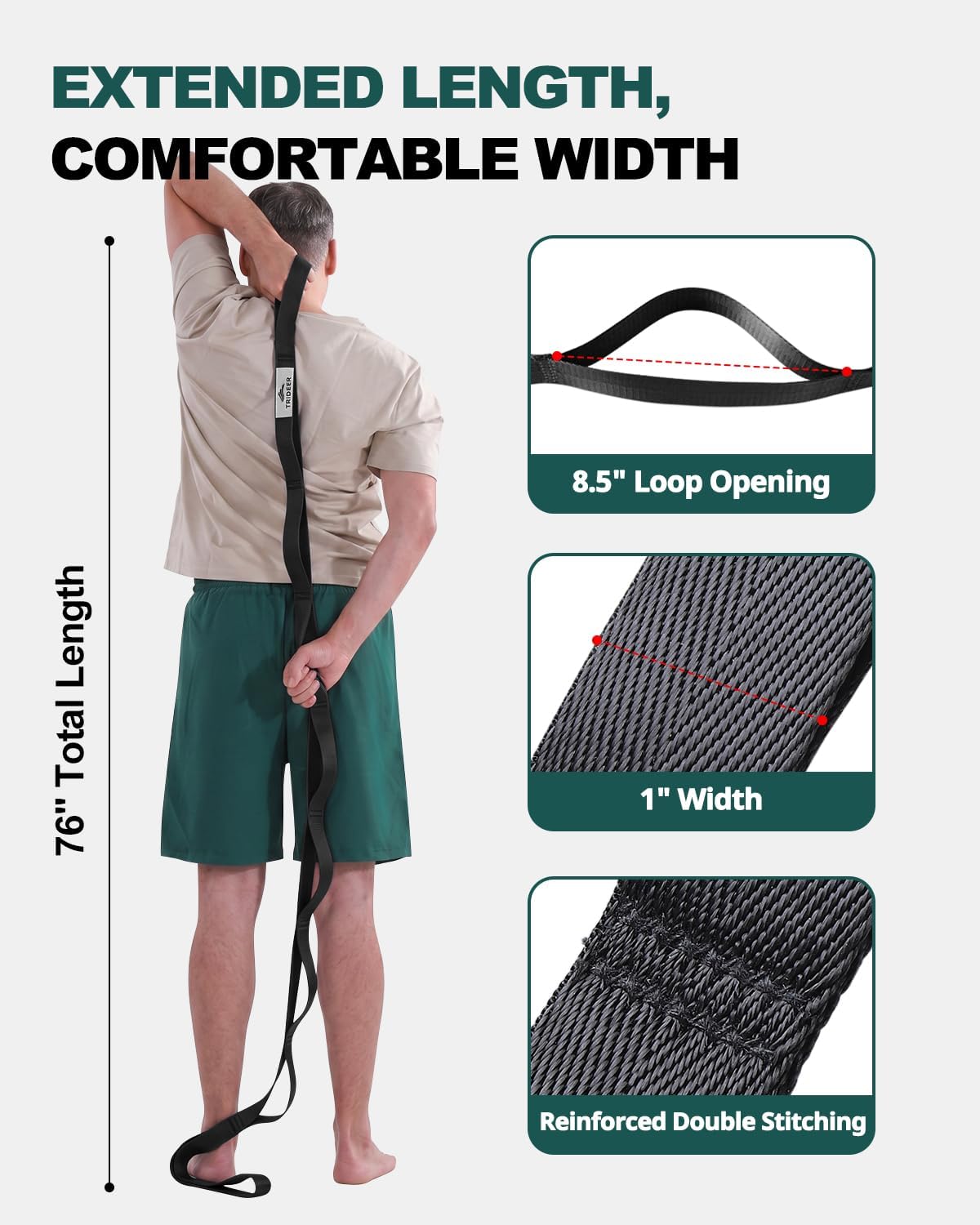 Trideer Non-Elastic Stretching Strap with Loops for Physical Therapy & Rehab, Knee Hip Leg ROM Post-Surgery, Yoga Strap for Stretching, Leg Lifter Strap Mobility Aid, Hamstring Calf Back