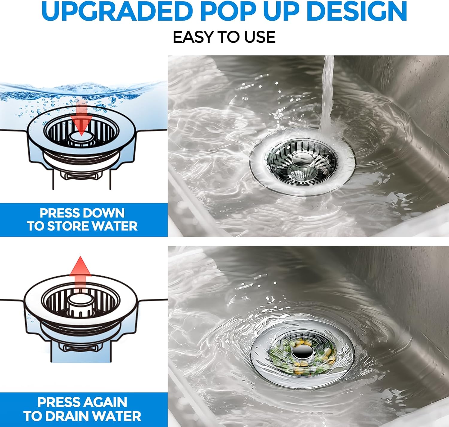 zaa 3 in 1 Kitchen Sink Drain Strainer Stopper Removable Basket Pop-Up