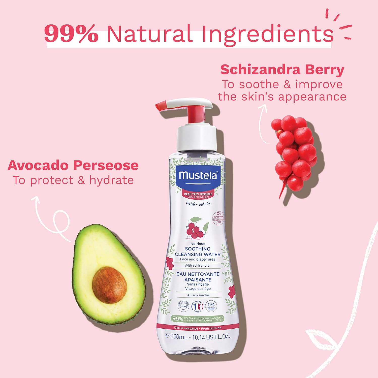 Mustela Baby Soothing Cleansing Water - No-Rinse Micellar Water for Very Sensitive Skin - with Natural Avocado & Schizandra Berry - Fragrance Free & EWG Verified - 10.14 fl. oz.