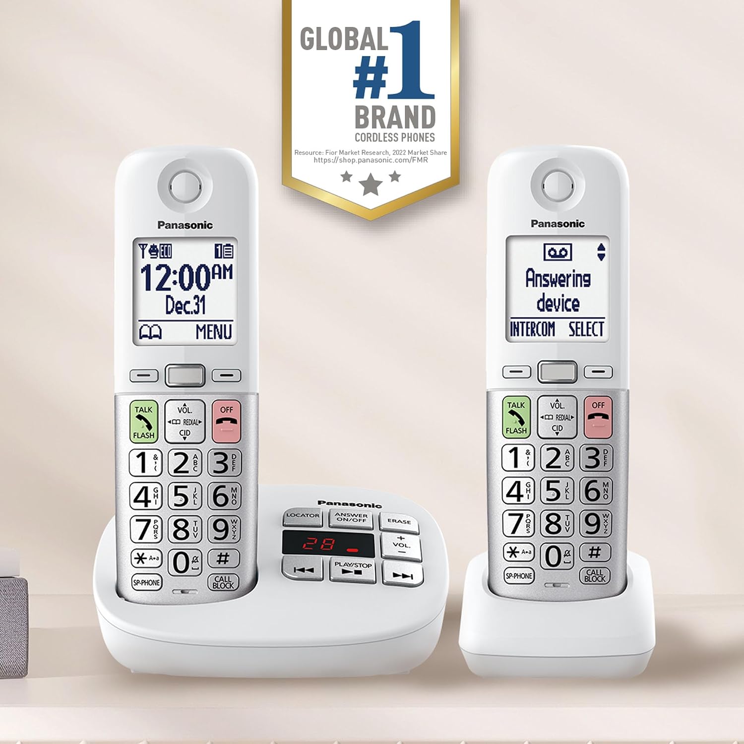 Panasonic Cordless Phone, Easy to Use with Large Display and Big Buttons, Flashing Favorites Key, Built in Flashlight, Call Block, Volume Boost, Talking Caller ID, 2 Cordless Handsets - KX-TGU432W