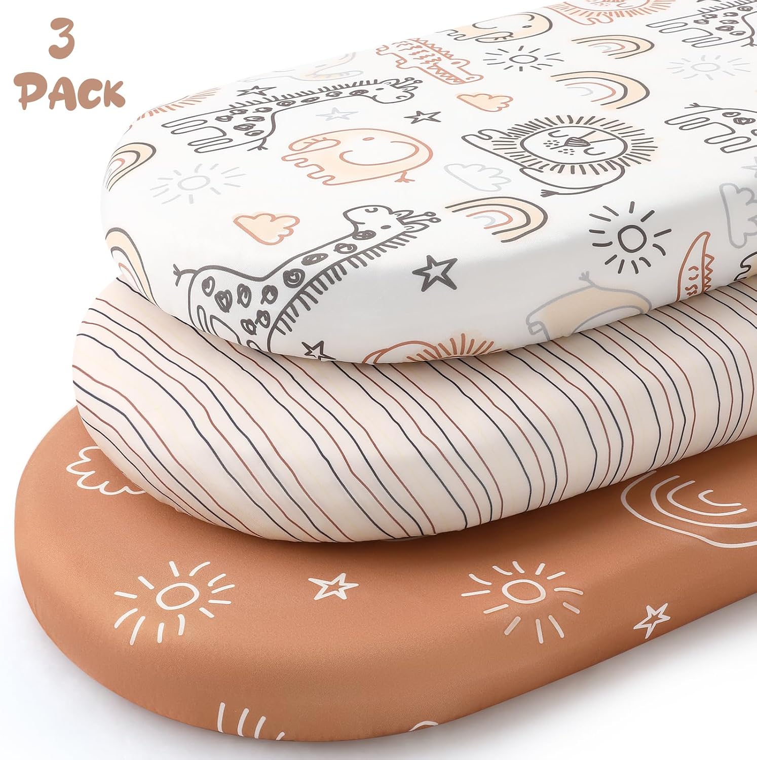 Yoofoss 3-Pack Bassinet Sheets for Boys Girls Universal Fit (Beige+Animals)
