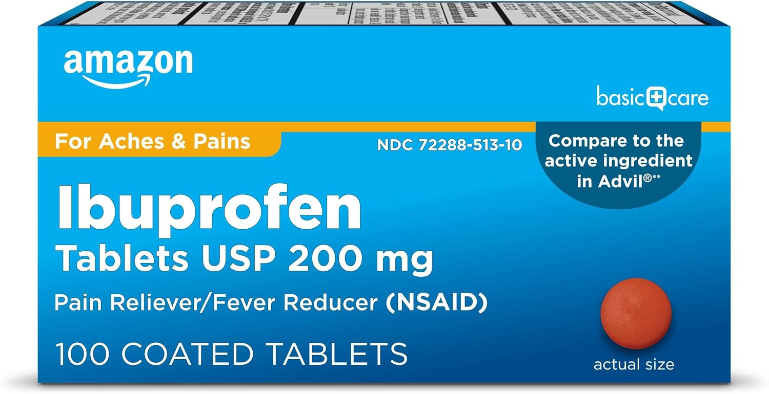 Amazon Basic Care Ibuprofen Tablets 200 mg, Pain Reliever/Fever Reducer, NSAID for Backache, Menstrual Pain, Arthritis, 100 Count (Packaging may vary)