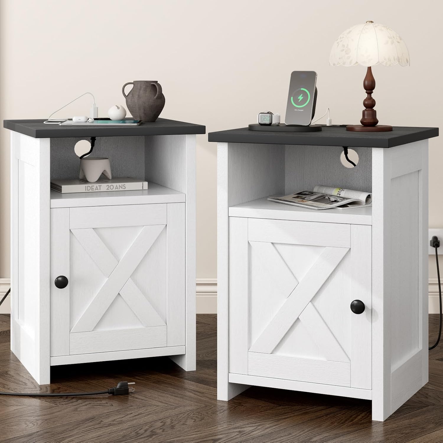 Farmhouse End Table Set of 2 w/Charging Station, Nightstands w/Barn Door&Storage Shelf, Rustic Bedside Table for Living Room, Bedroom, Entryway, Office, Small Spaces, White