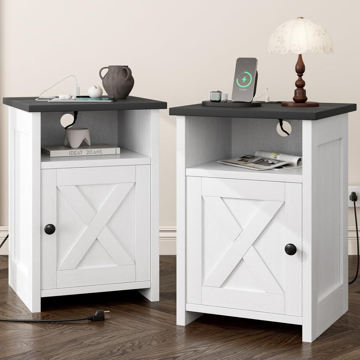 Farmhouse End Table Set of 2 w/Charging Station, Nightstands w/Barn Door&Storage Shelf, Rustic Bedside Table for Living Room, Bedroom, Entryway, Office, Small Spaces, White