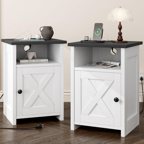 Farmhouse End Table Set of 2 w/Charging Station, Nightstands w/Barn Door&Storage Shelf, Rustic Bedside Table for Living Room, Bedroom, Entryway, Office, Small Spaces, White