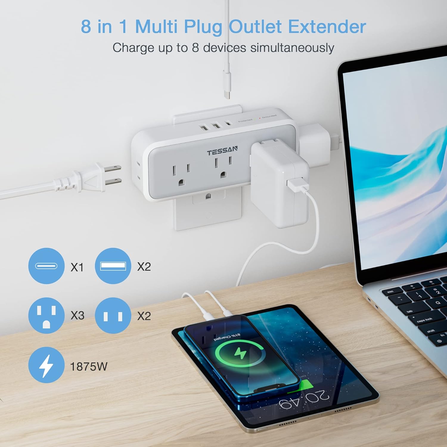 TESSAN Multi Plug Outlet Extender, USB C Wall Charger, Surge Protector,Grey
