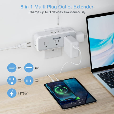 TESSAN Multi Plug Outlet Extender, USB C Wall Charger, Surge Protector,Grey