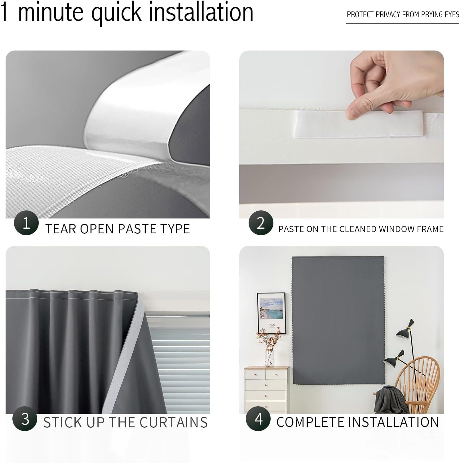 Magic Tape Stick On Curtains Window Shades Pull Down Blackout Window Cover Blackout Curtains for Bedroom No Drillng Self Adhesive Curtains No Rod Small Window, 59" W X 84" L, Grey, 2 Panels