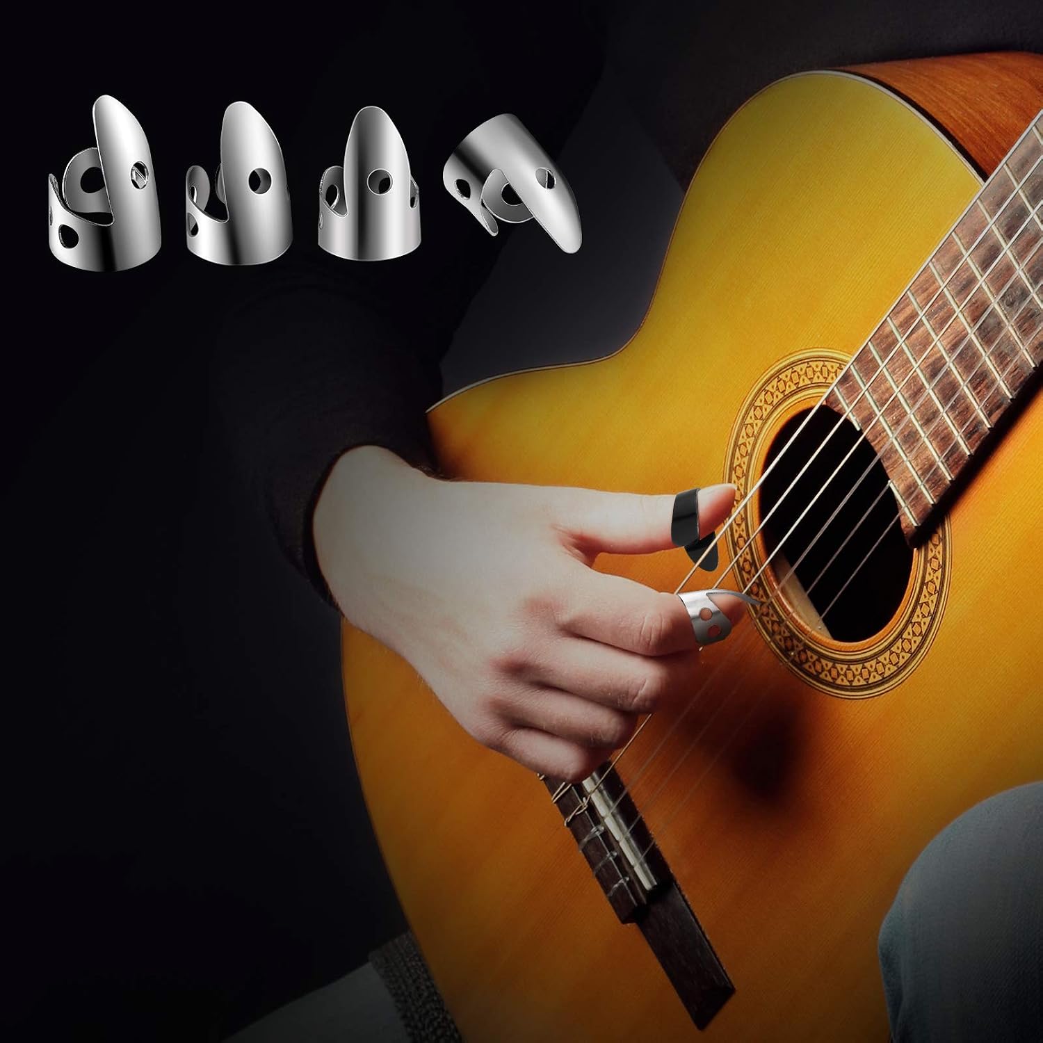 Shappy 12 Pcs Steel Finger Picks Set, Including Stainless Steel Finger and Thumb Picks, Metal Adjustable Bass Guitar Accessories for Guitar Banjos(Simple Style)
