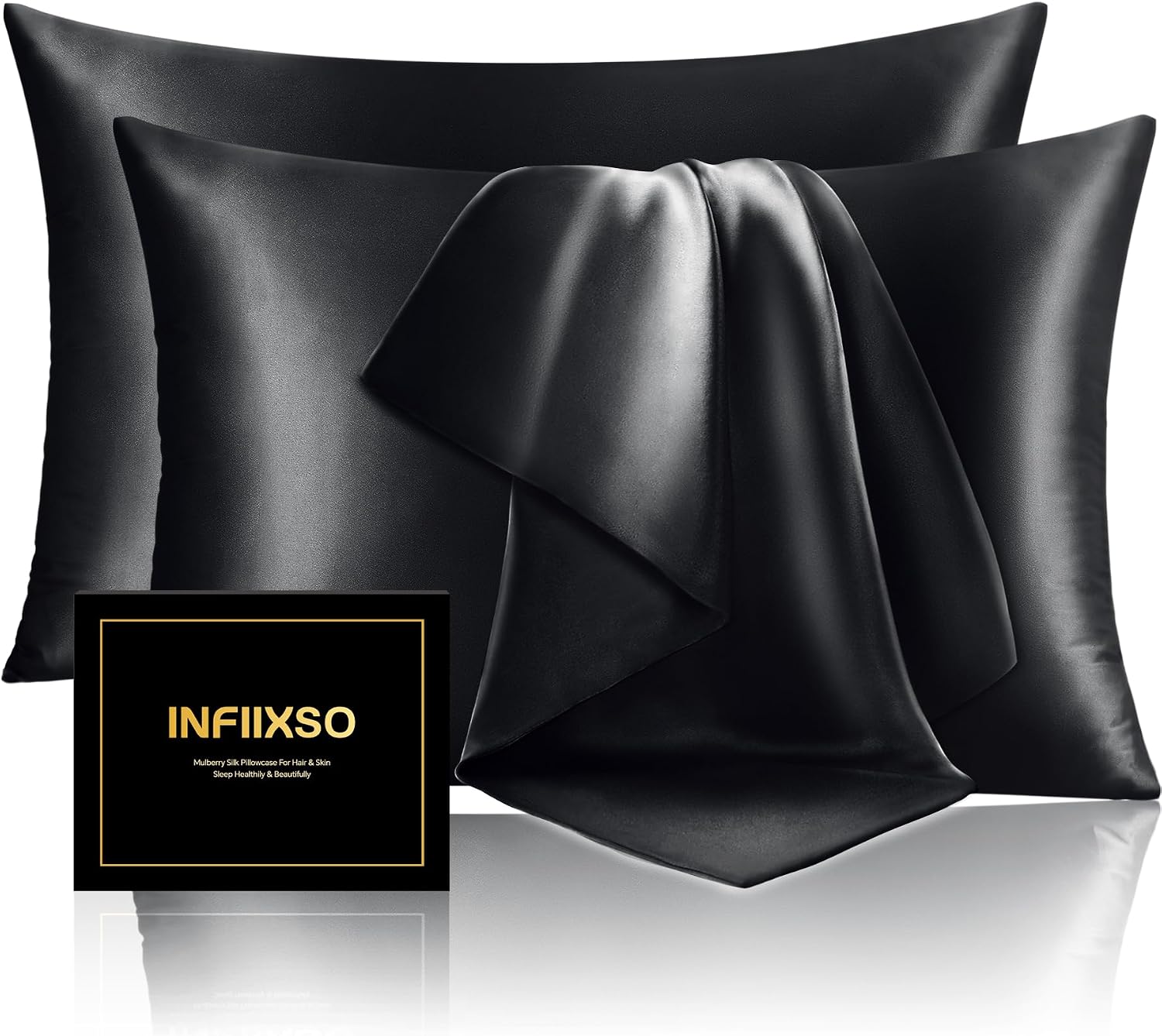 INFIIXSO Silk Pillow Cases 2 Pack, Standard Size, Hidden Zipper, Black