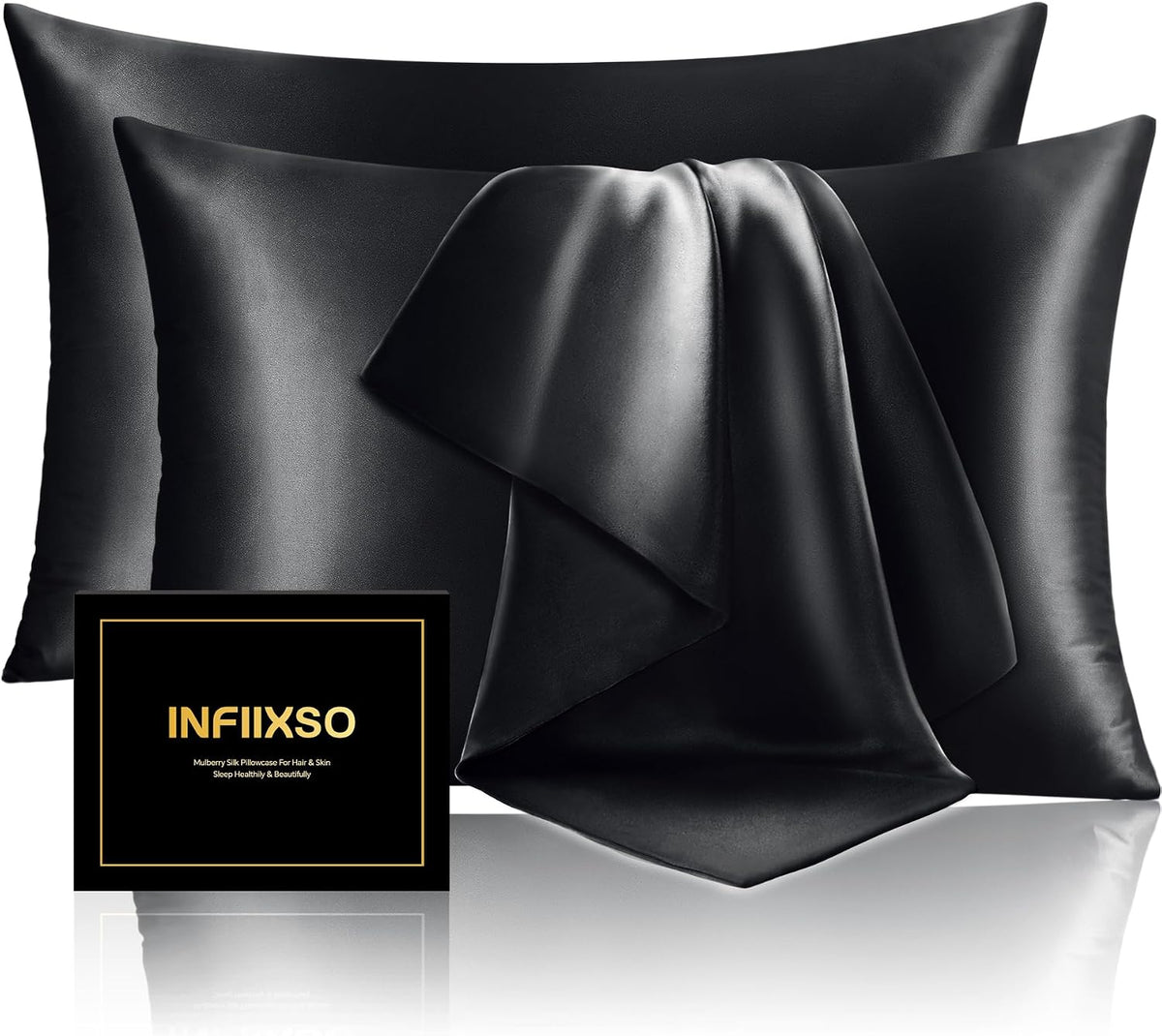 INFIIXSO Silk Pillow Cases 2 Pack, Standard Size, Hidden Zipper, Black