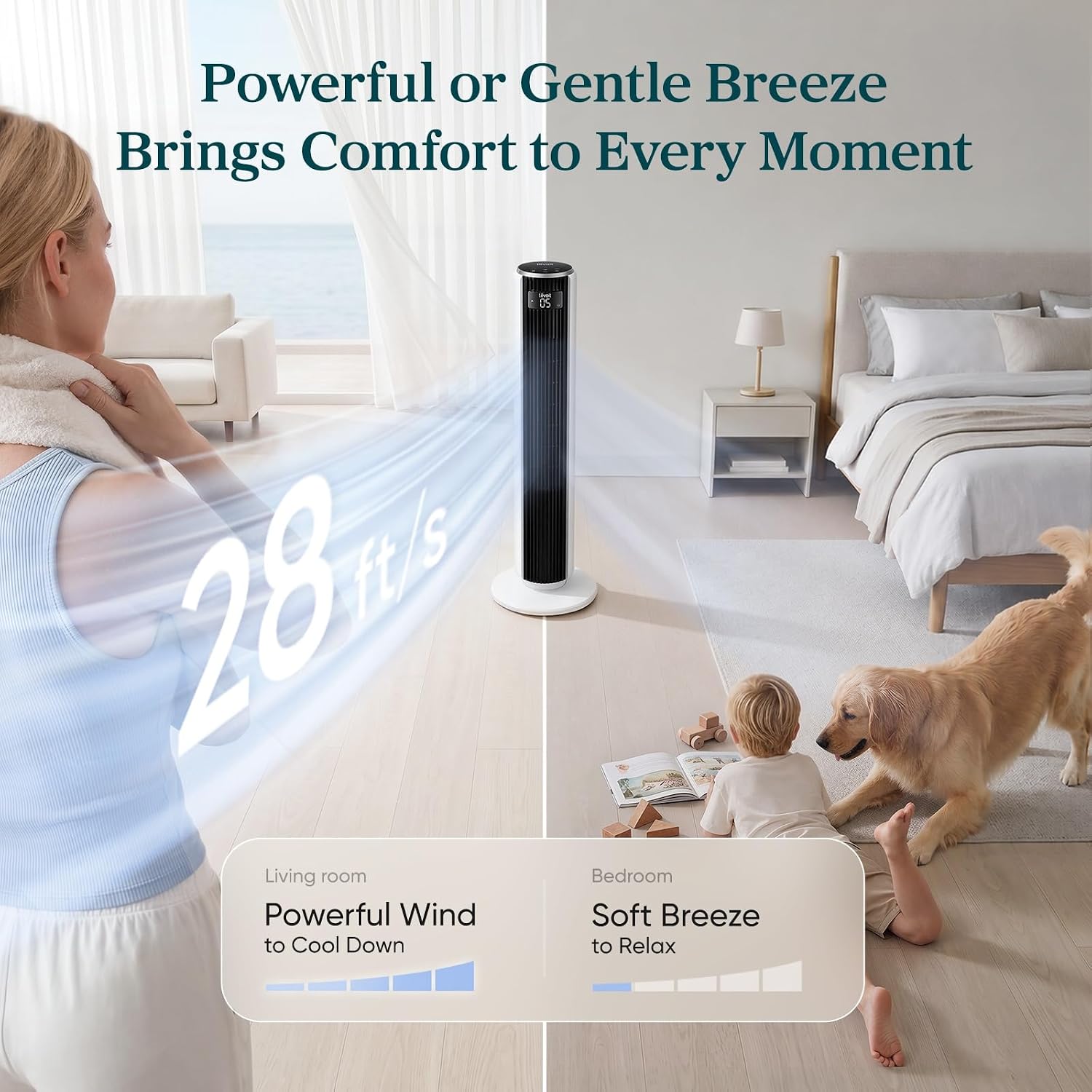 Levoit Tower Fan for Bedroom, 28ft/s Fans that Blow Cold Air, 28dB Quiet