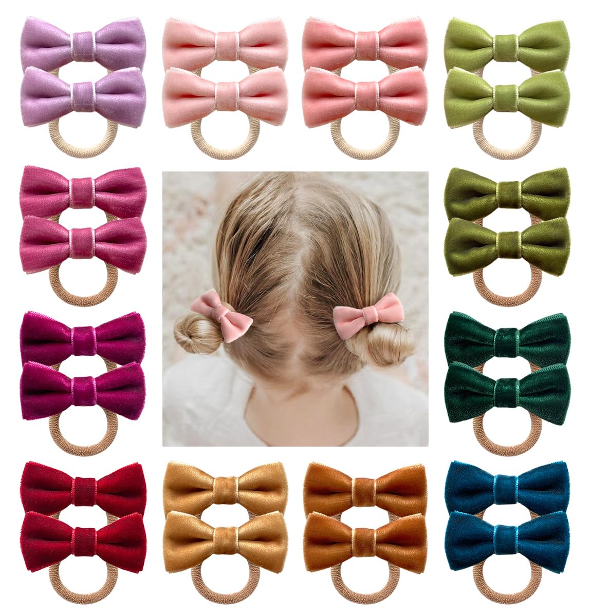 Cherssy 24pcs Toddler Hair Ties with 2" Velvet Bows for Girls