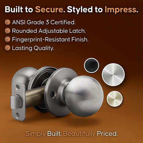 Copper Creek Passage Interior Door Knob – ANSI Grade-3 Certified, Modern Heavy Duty Handle, Easy Install and Reversible for Bedroom, Bathroom & Closets – Satin Stainless (1 Pack)