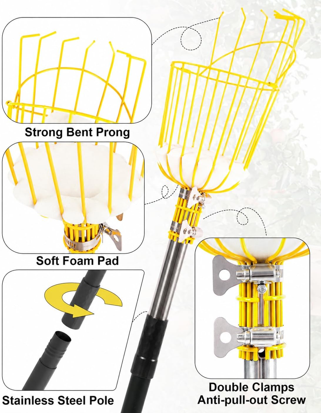 9FT Fruit Picker with Basket, Apple Picking Tool 35–105 Inch Adjustable Pole, Long-Handle Mango Grabber, Tree Fruit Catcher for Harvesting Lemon Pear Orange Avocado Peach Citrus Grapefruit